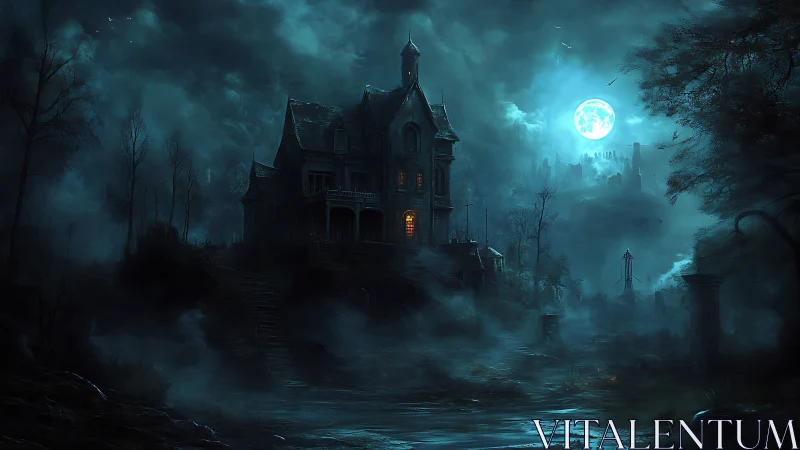 Gothic manor under moonlit fog in dark fantasy digital painting.