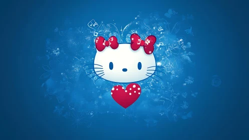 Hello Kitty Character with Red Bows and Heart on Blue Background