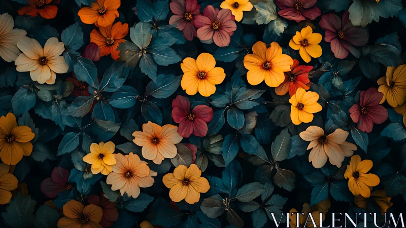 Vibrant Floral Garden Overhead: Blooms Against Dark Foliage.