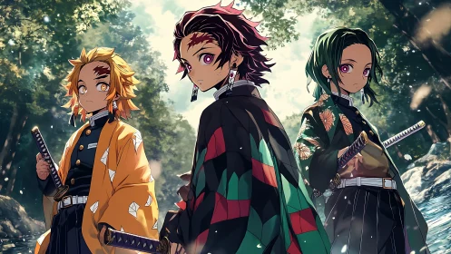 Forest swordsmen trio ready for quiet adventure together.