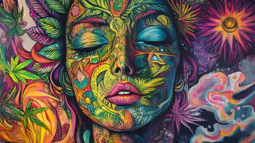 Psychedelic earth-muse dreaming in neon jungle calm.