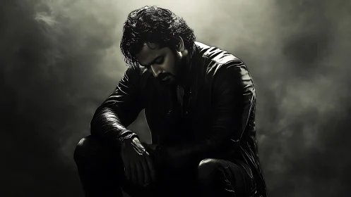 Moody low key portrait of pensive man in dramatic haze.