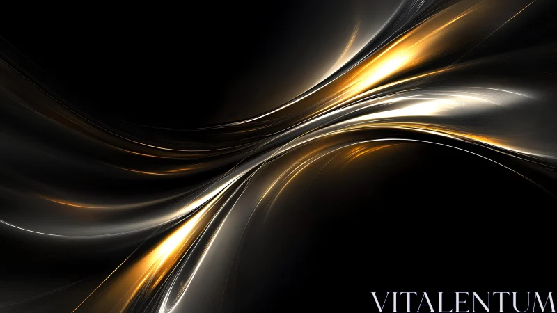 Golden and Silver Abstract Light Waves on Black Background.