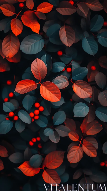Crimson leaves and berries in dual-tone botanical pattern.