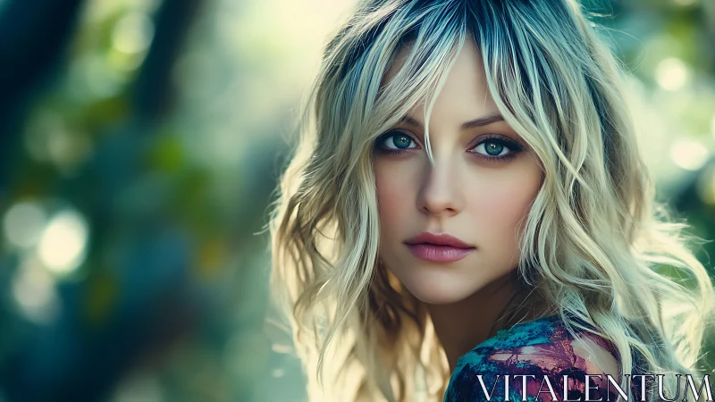 Dreamy blonde portrait in dappled forest bokeh light.