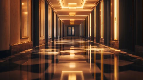 Luxury corridor glows under warm linear ceiling lights.