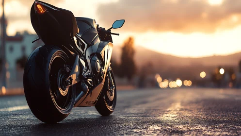 Midnight superbike waits for sunrise on a glowing city road