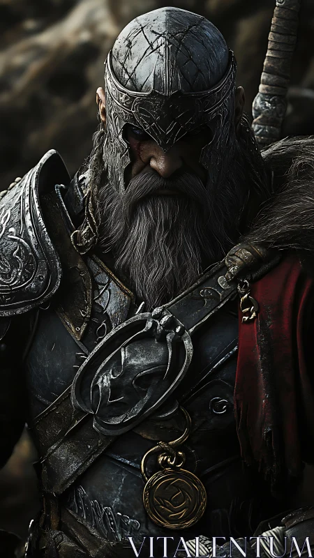 Battle hardened warrior in ornate dark armor portrait.
