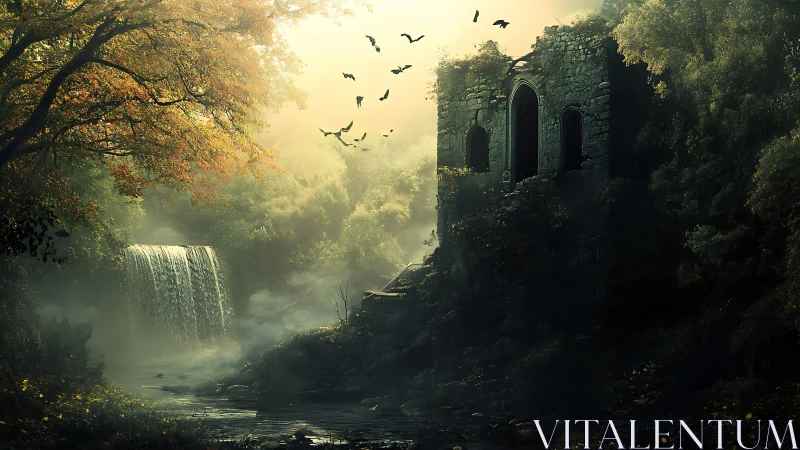 Ruined stone tower beside misty forest waterfall at dawn