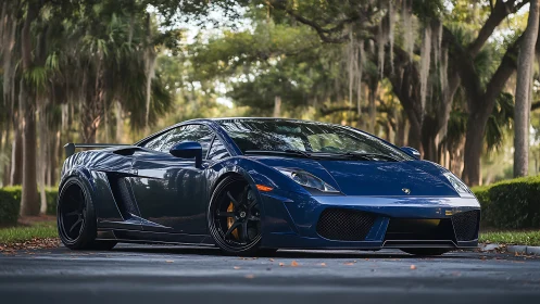 Midnight blue supercar glints under soft forest light.