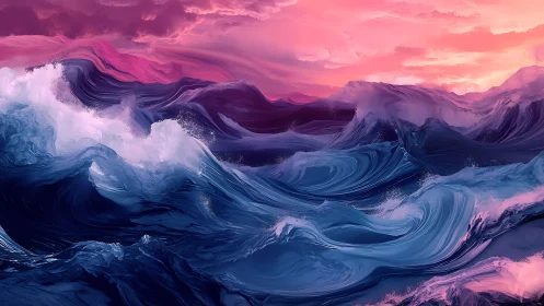 Crashing indigo waves roll beneath a vivid pink sunset sky