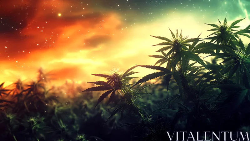 Cannabis plants under vivid cosmic sky at twilight.