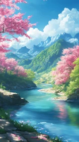 Peaceful spring river winding through bright blossom valley.