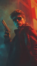 Backlit gunman rendered with dual-color cinematic rim lighting