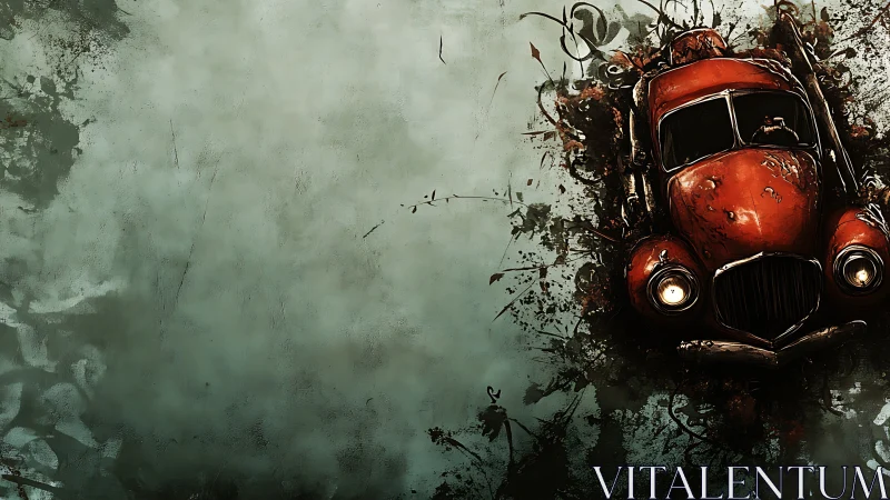 Rusty red vintage car bursting through textured wall