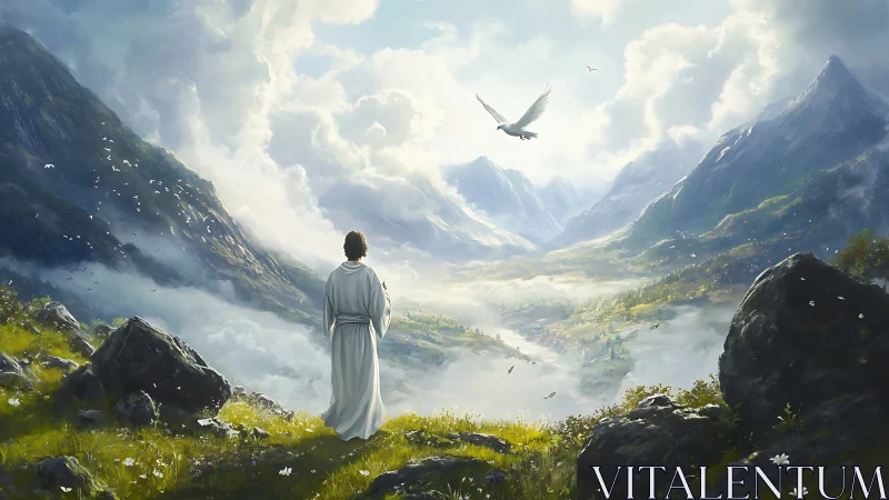 Mystic robed figure overlooks sunlit alpine valley dawn