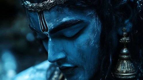 Chromatically saturated blue portrait with devotional detailing.