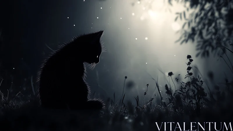 Silhouetted feline examines luminescent nocturnal landscape with bokeh particles.