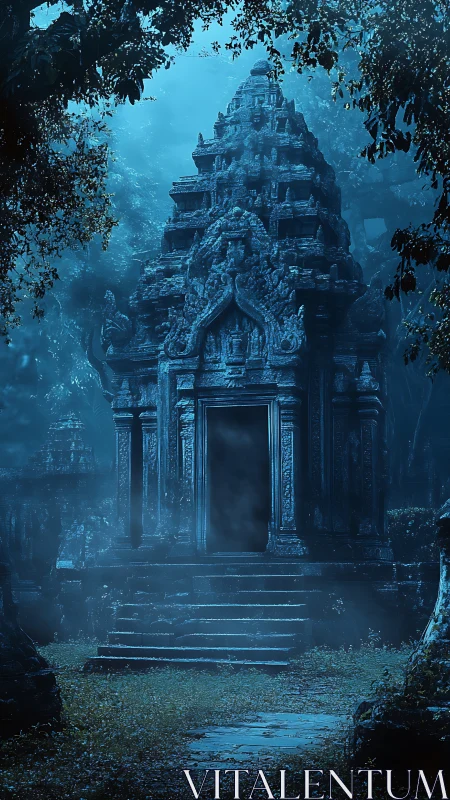 Ancient jungle temple entrance shrouds dark mist portal