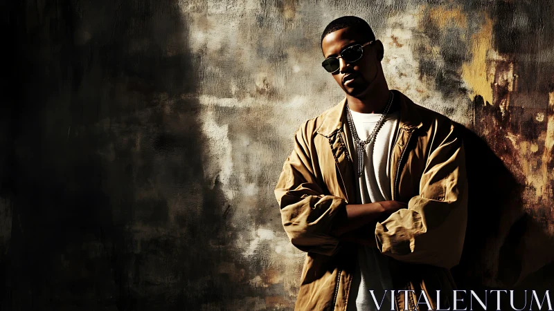 Side-lit urban portrait against textured distressed wall.