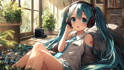 Sunny afternoon headphones and teal haired daydreams.