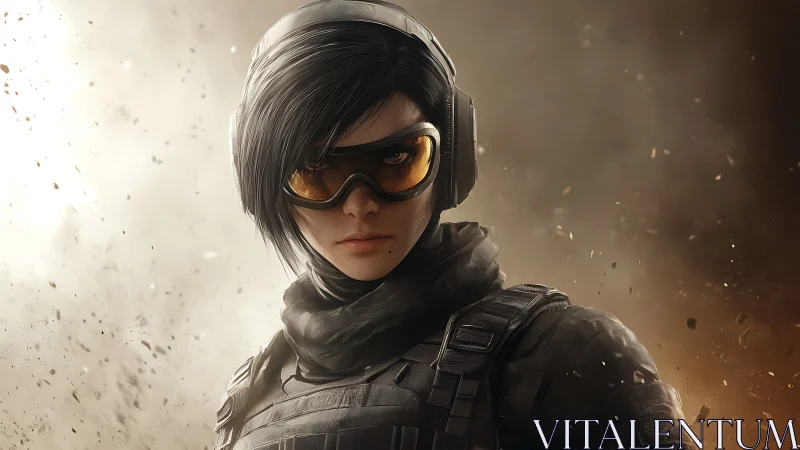 Tactical heroine stands in swirling dust and golden light.