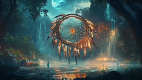 Luminous dreamcatcher suspended in bioluminescent canyon dusk.