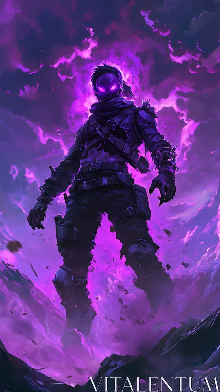 Void assassin framed in glowing violet storm aura.