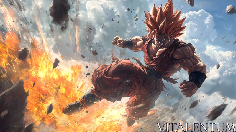 Sky-splitting warrior erupting through clouds of fire.