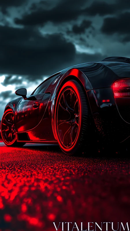 Midnight supercar rear view under red neon storm light.