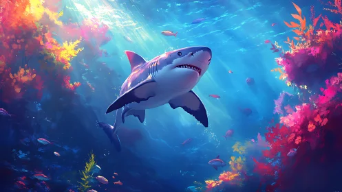 Radiant reef king: neon-lit shark cruising coral kingdom.