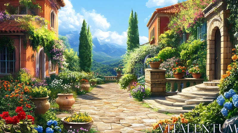 Sunlit Tuscan lane embraced by blooming villa gardens.