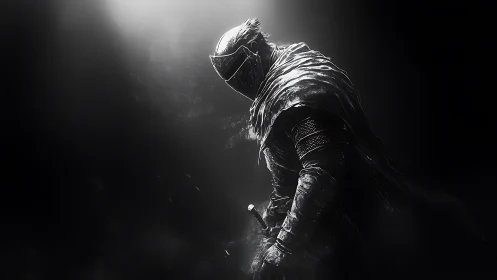 Armored knight stands in dramatic side light within darkness