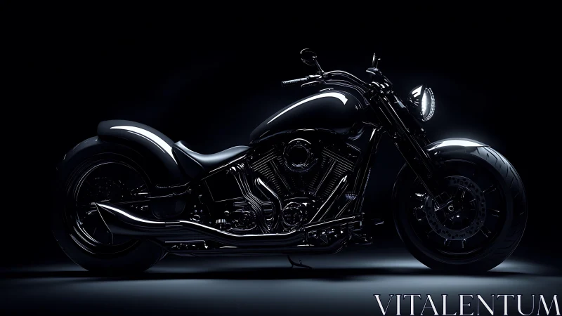Black custom cruiser motorcycle rests in dramatic studio light