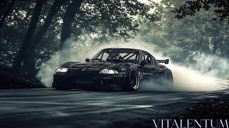 Midnight drift machine carving smoke through forest curves.
