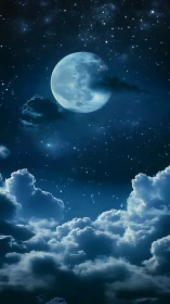 Full moon over deep blue night sky and glowing clouds.