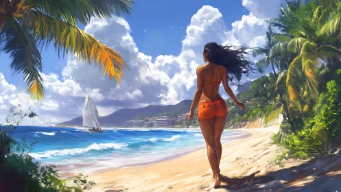 Woman walks along tropical shoreline facing distant sailboat