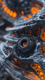 Molten chrome lattice wraps glowing ember core in motion.