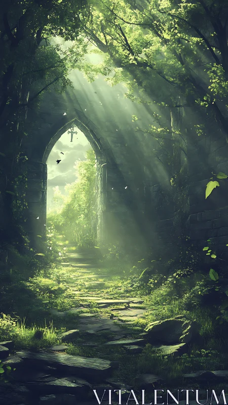 Ancient Stone Archway Through Overgrown Forest