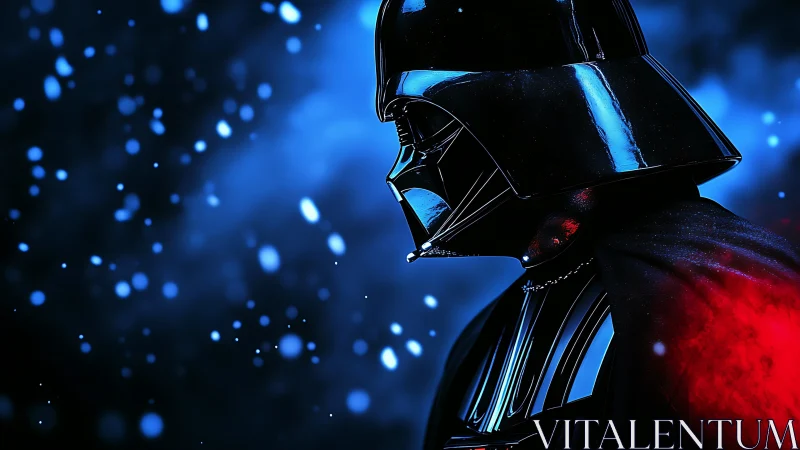 Dark armored figure glows against deep blue bokeh field.