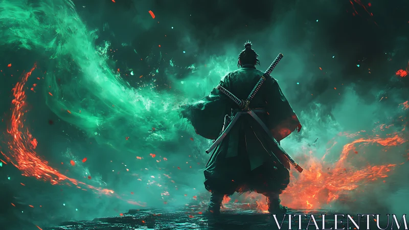 Samurai silhouette with dual swords amid red and green energy.