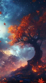 Autumn Arboreal Fantasy: Luminescent Foliage Against Cosmic Sky.
