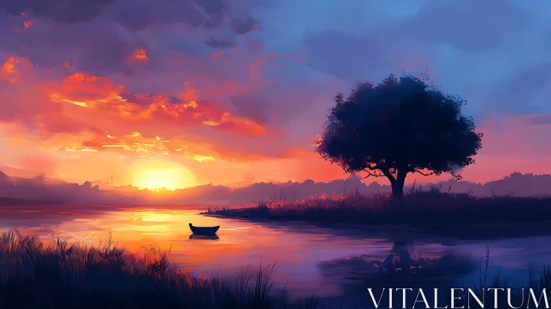 Sunset light illuminates river, tree silhouette, and moored boat