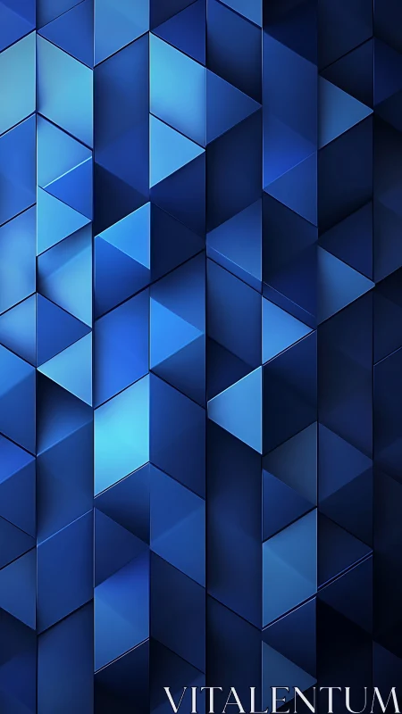 3D blue geometric triangles form modern abstract wall.