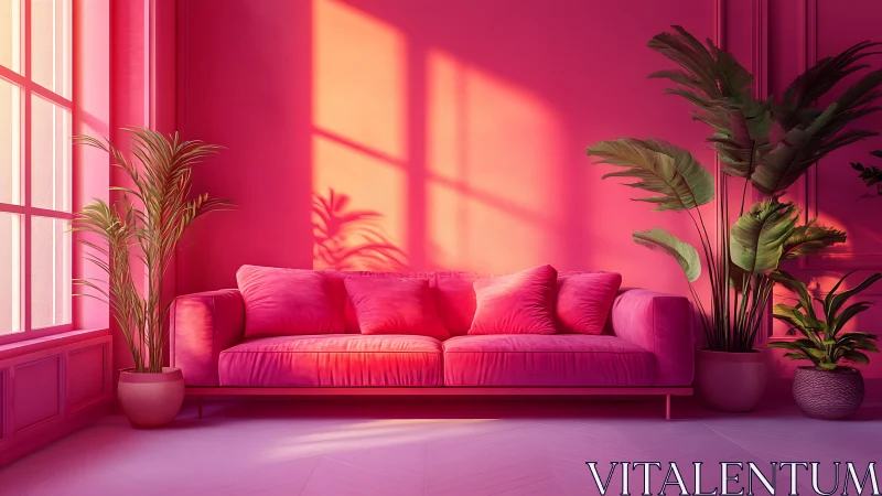 Vibrant pink sofa interior with bold tropical houseplants.