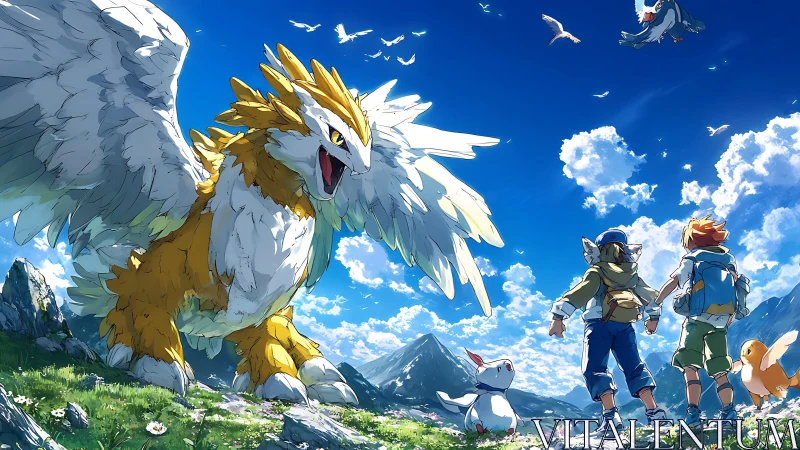 Sky-burst griffin greets young adventurers at dawn&rsquo;s edge.