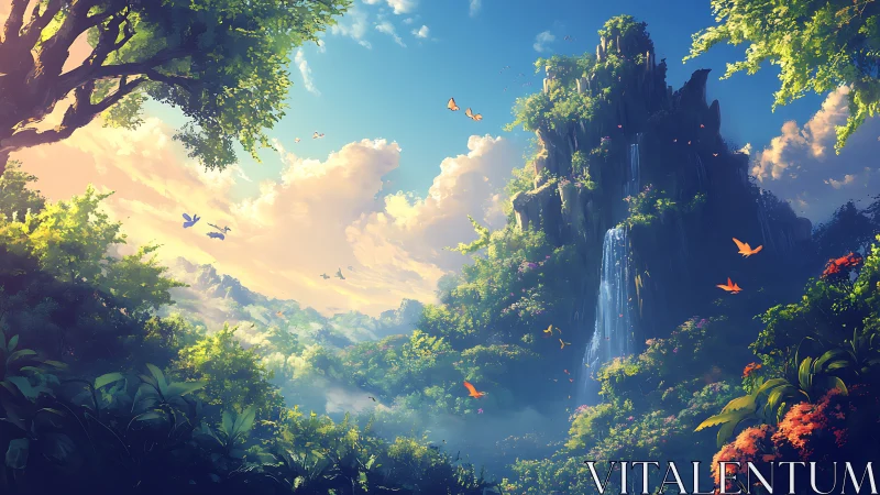 Sunlit fantasy waterfall mountain glows in lush jungle calm