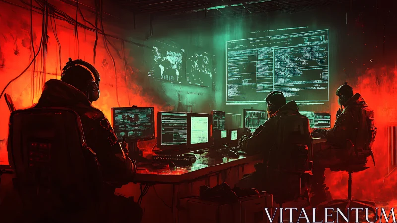 Cyber operators monitor glowing code in a war room.