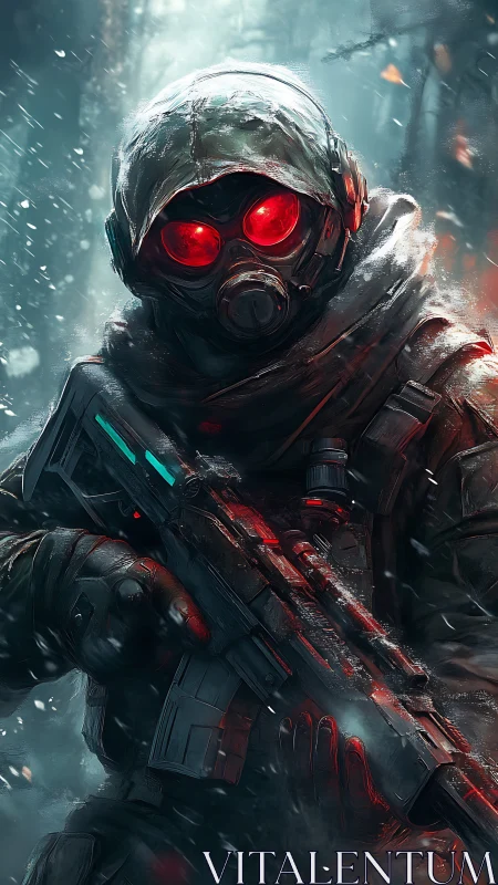 Mysterious winter soldier with glowing red mask and rifle.