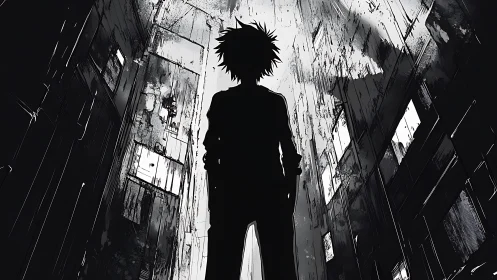 Silhouette kid rewrites the night between crumbling towers